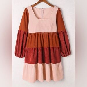 Sunset and swim color block square neck corduroy tiered puff sleeve dress